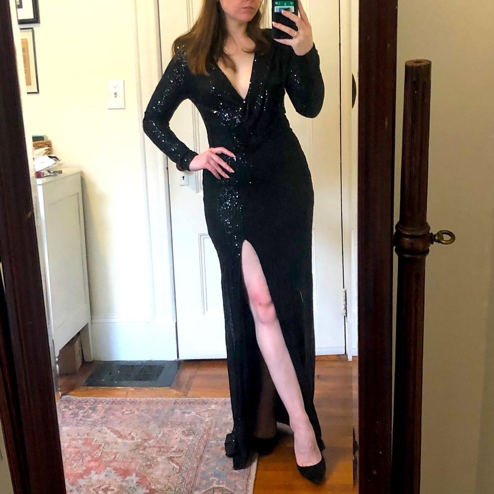 Black Sequin Maxi Dress with Padded Shoulders, Ruched Detailing, and Slit